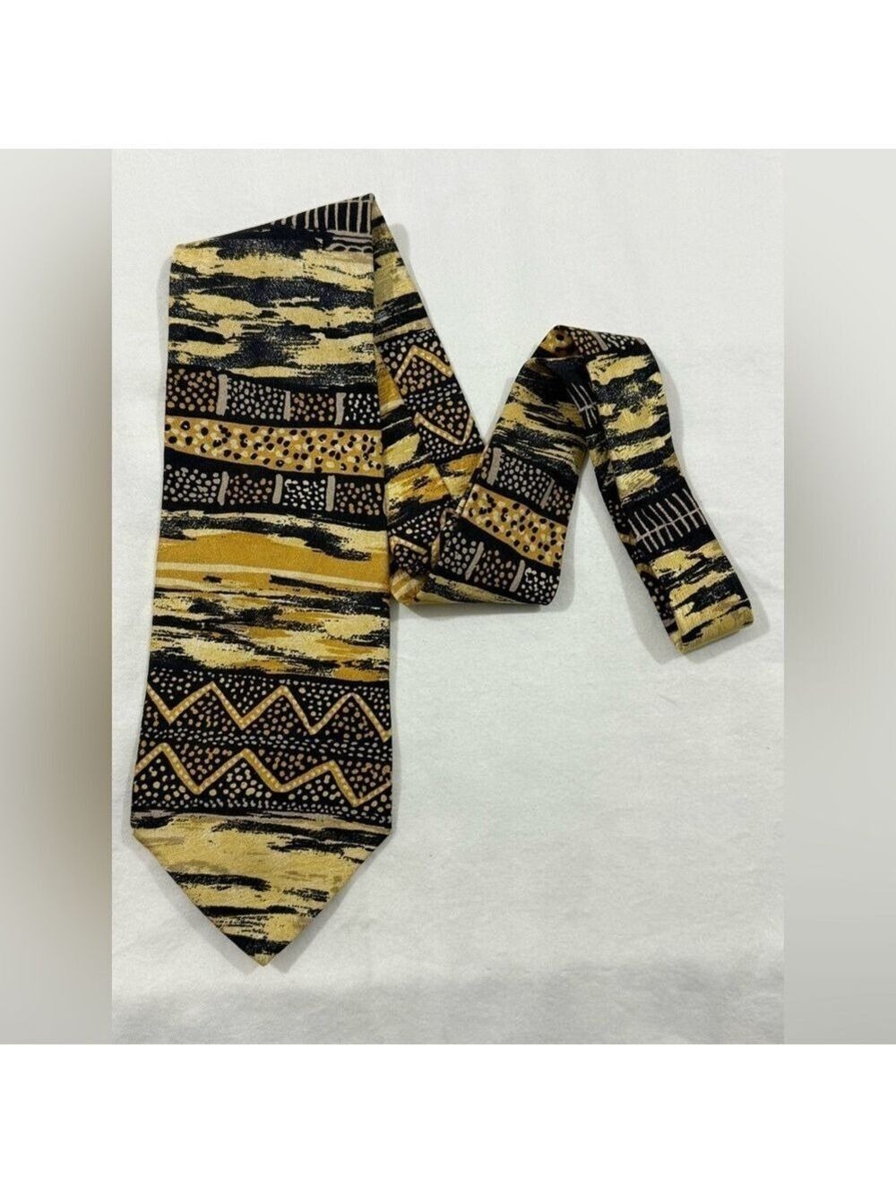 Bugatti Gold Black Abstract Pattern Silk Tie Made USA Classic Wide